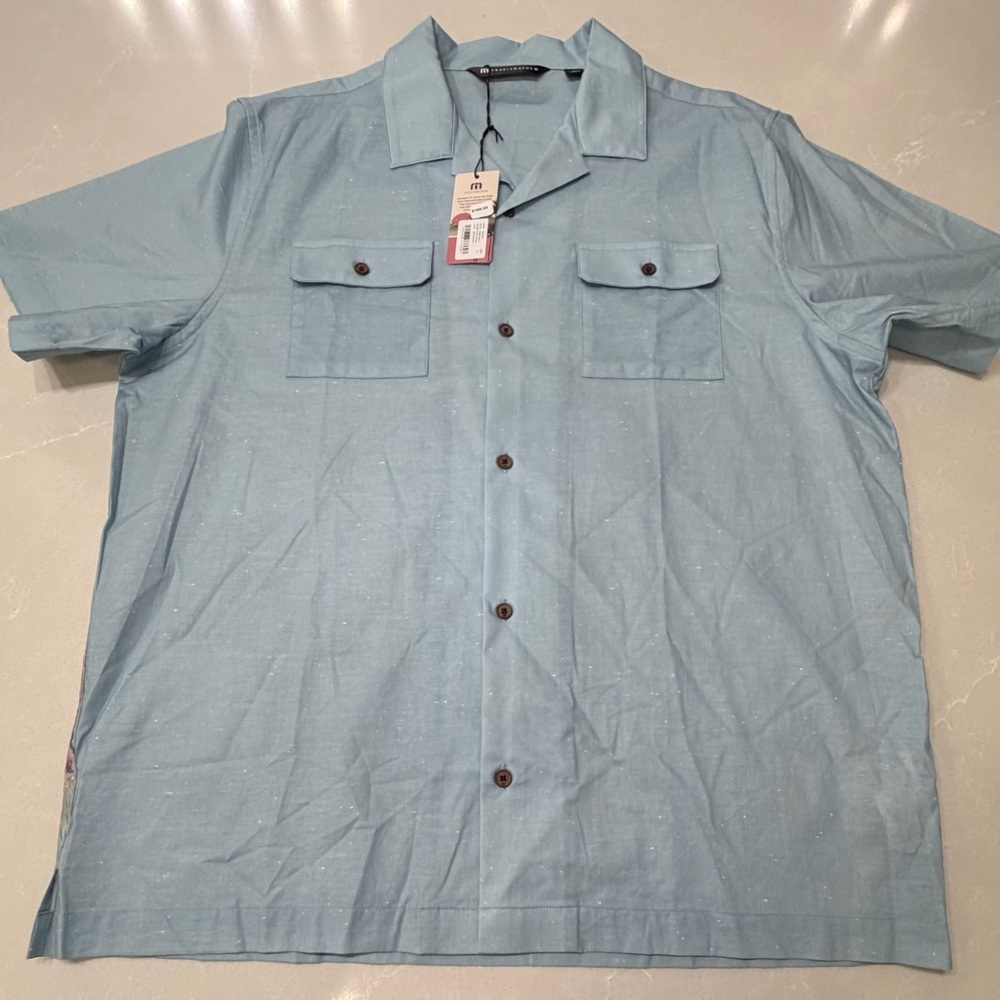 NWT Travis Mathew Light Blue Short-Sleeve Hawaiian Back Detail Shirt, L